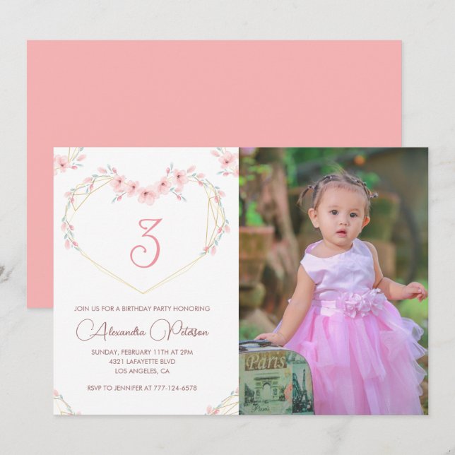 invitaciones para cumpleaños número 3 Boho Floral  (Anverso / Reverso)