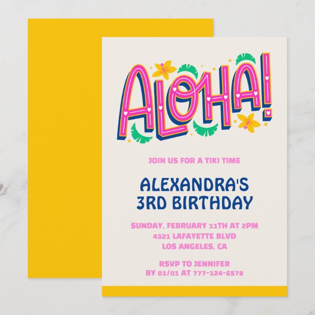invitaciones para cumpleaños número 3 Tropical Alo (Anverso / Reverso)