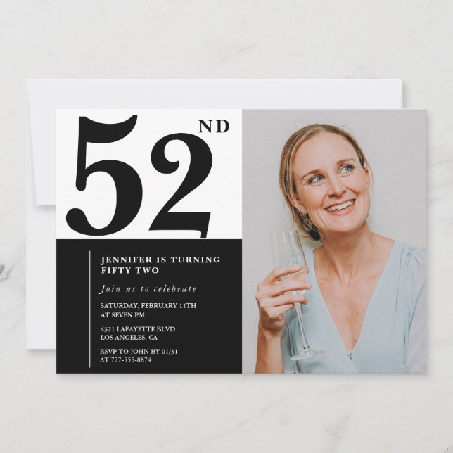 Invitaciones para cumpleaños número 52 con foto en (Anverso)