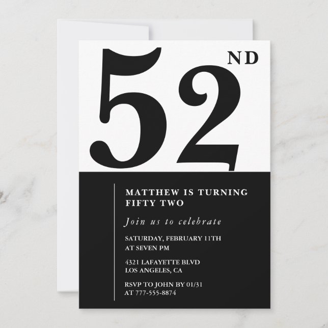 invitaciones para cumpleaños número 52 Elegantes N (Anverso)