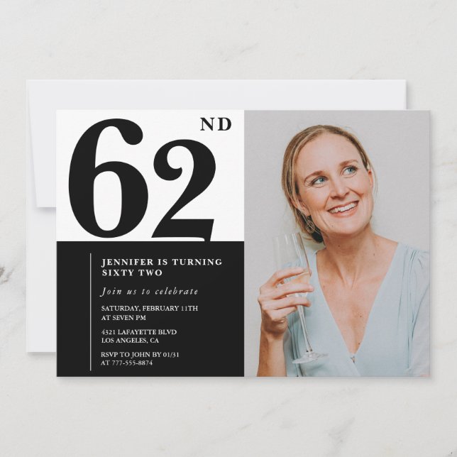 Invitaciones para cumpleaños número 62 con foto en (Anverso)