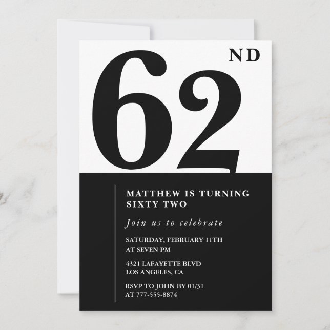 invitaciones para cumpleaños número 62 Elegantes N (Anverso)