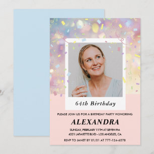 Invitaciones para cumpleaños número 64 con confeti