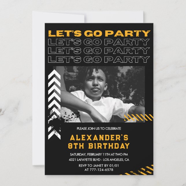 Invitaciones para cumpleaños número 8 Niño Negro F (Anverso)