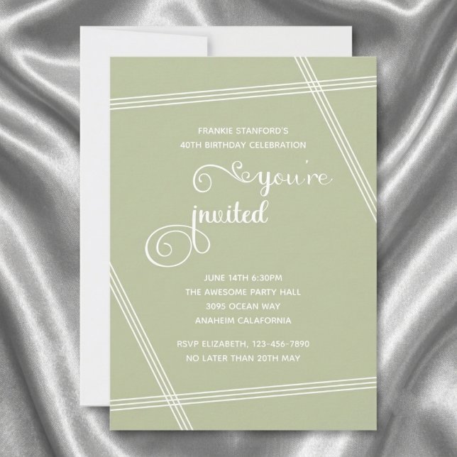 Invitaciones para cumpleaños simples y elegantes m (40th birthday sage green invite. Grey silk background.)