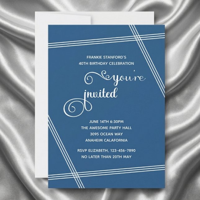 Invitaciones para cumpleaños simples y elegantes m (40th birthday blue invite. Grey silk background.)