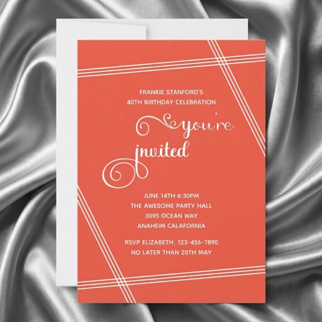 Invitaciones para cumpleaños simples y elegantes m (Orange 40th Birthday invite. Grey silk background.)