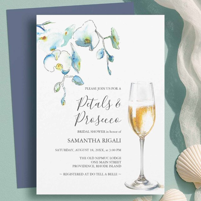 Invitaciones para Despedida de Soltera con Pétalos (Petals and Prosecco bridal shower invitations designed with hand painted watercolor orchids in blue)