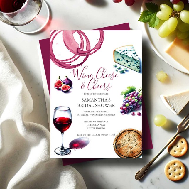 Invitaciones para Despedida de Soltera con Vino y  (Bridal shower invitations wine & cheese tasting watercolor charcuterie design Victoria Grigaliunas )