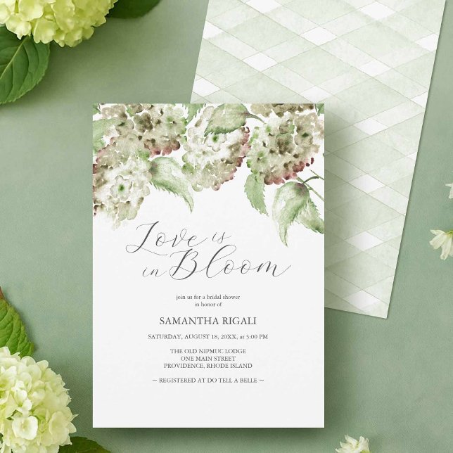 Invitaciones para Despedida de Soltera Love Is In  (Elegant Bridal Shower Invitation Designs for a Rustic Theme with watercolor green hydrangeas)
