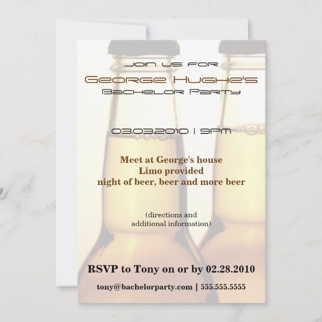 Invitaciones para Despedida de Soltero con Botella (Anverso)