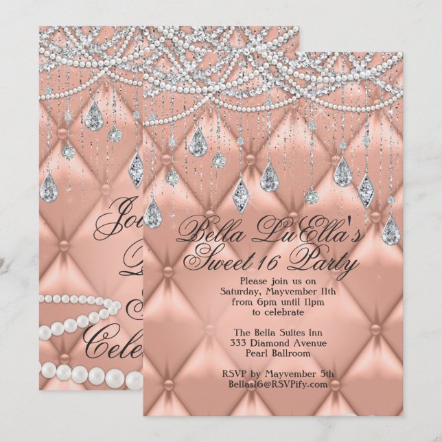 Invitaciones para Diamante, Perlas y Bling Party (Anverso / Reverso)