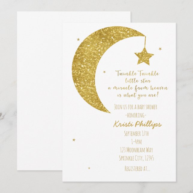Invitaciones para ducha de bebé con luna dorada y  (Anverso / Reverso)