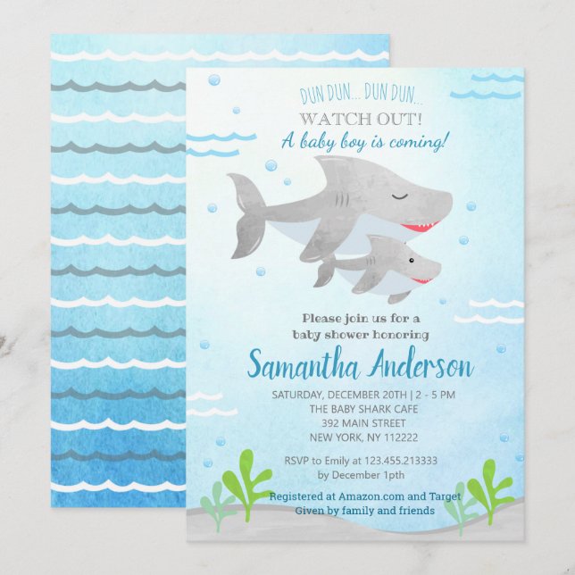 Invitaciones para ducha de bebé de tiburón para be (Anverso / Reverso)