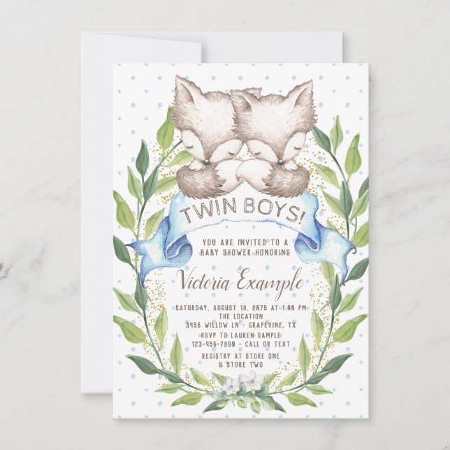 Invitaciones para ducha de bebé Twin Boy Woodland  (Anverso)