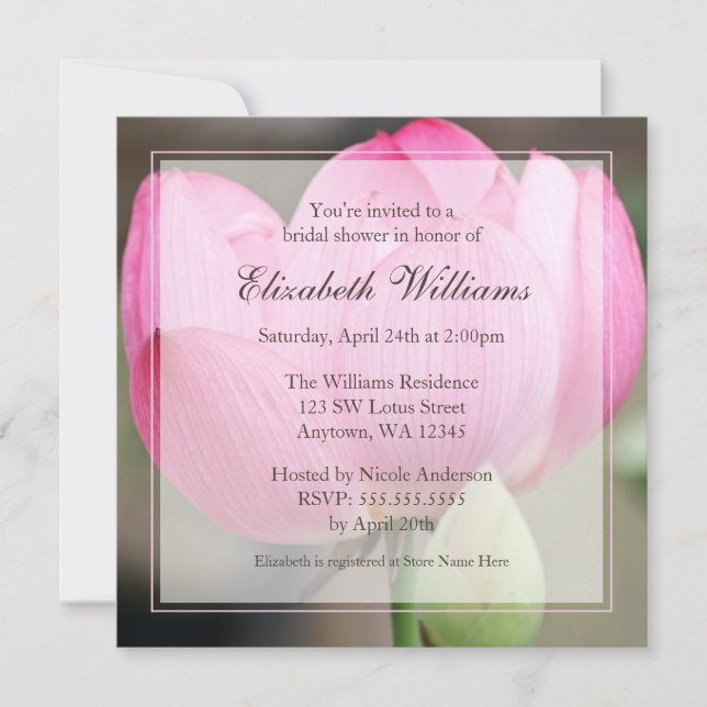 Invitaciones para ducha de flores rosadas Lotus (Anverso)