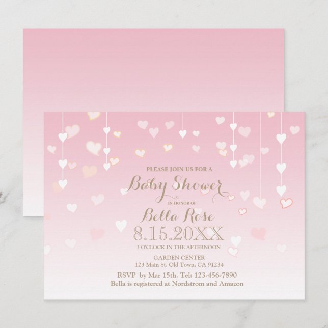 Invitaciones para ducharse de bebé de corazón rosa (Anverso / Reverso)