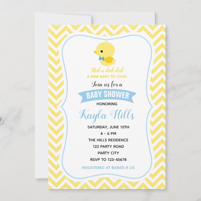 Invitaciones para duck Baby Shower (niño amarillo) (Anverso)