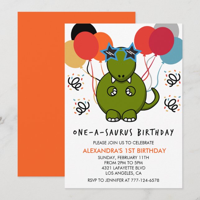 Invitaciones para el 1er cumpleaños de Dinosaurio  (Anverso / Reverso)