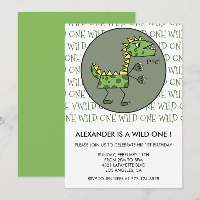 Invitaciones para el 1er cumpleaños de Dinosaurio, (Anverso / Reverso)