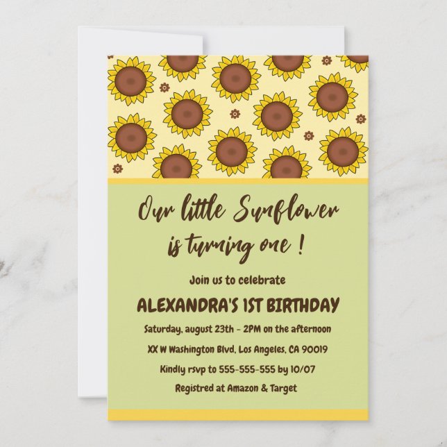 Invitaciones para el 1er cumpleaños de girasol cum (Anverso)