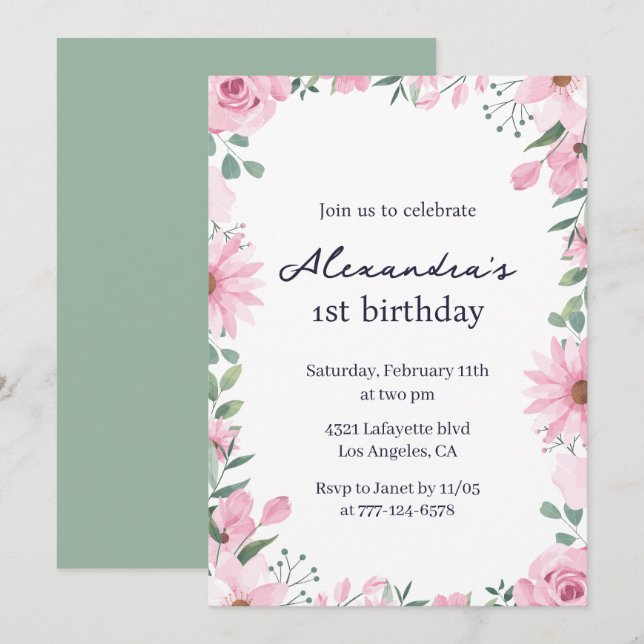 invitaciones para el 1er cumpleaños Marco Floral R (Anverso / Reverso)