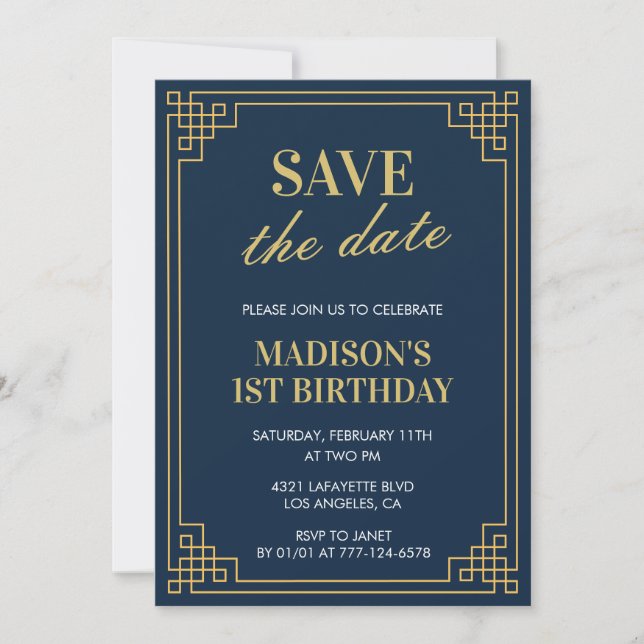 Invitaciones para el 1er cumpleaños niña Save the  (Anverso)