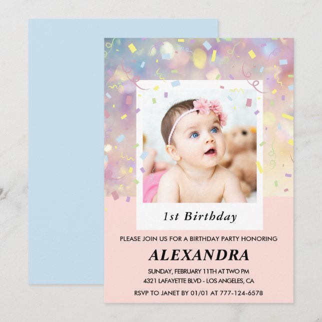 Invitaciones para el 1er cumpleaños rosa Confeti F (Anverso / Reverso)