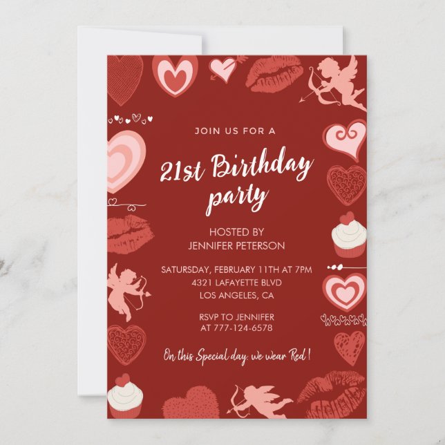Invitaciones para el 21° cumpleaños Corazones Rojo (Anverso)