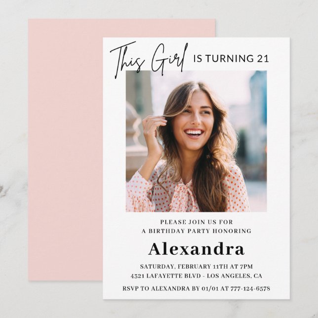 Invitaciones para el 21° cumpleaños Foto Mujer ele (Anverso / Reverso)