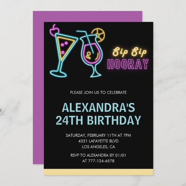 Invitaciones para el 24 cumpleaños Cocktail Neon G (Anverso / Reverso)