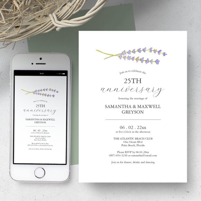 Invitaciones para el 25º aniversario del Boda (Wedding anniversary invitation minimalistic watercolor lavender art by Victoria Grigaliunas)