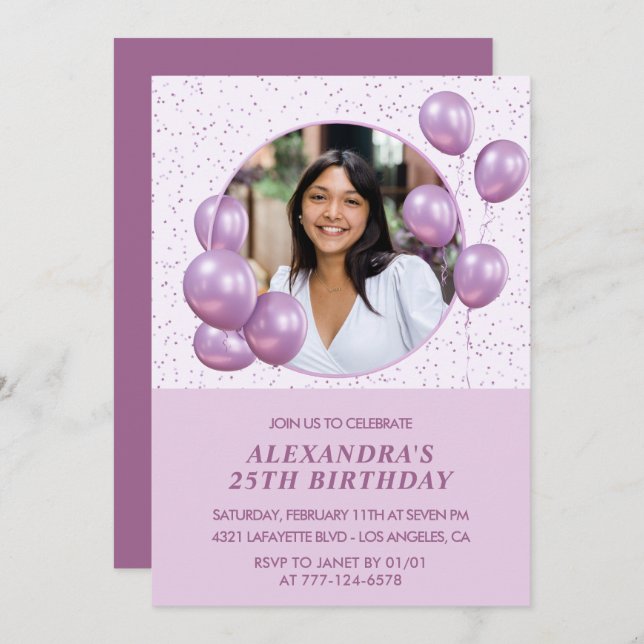 Invitaciones para el 25 cumpleaños Globos Foto Púr (Anverso / Reverso)