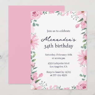 Invitaciones para el 34 cumpleaños con marco flora