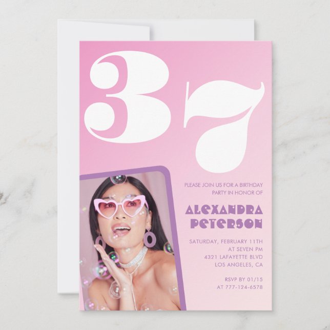 Invitaciones para el 37 cumpleaños Rosado Retro Ph (Anverso)
