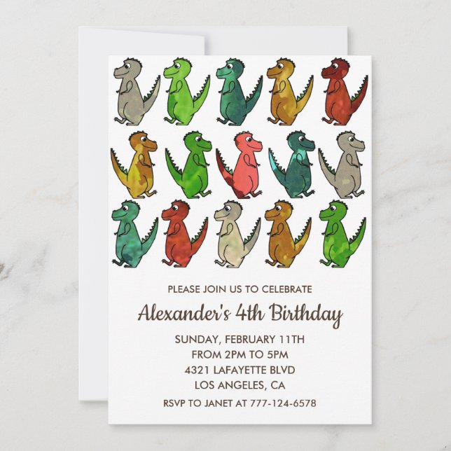 Invitaciones para el 4º cumpleaños de dinosaurios  (Anverso)