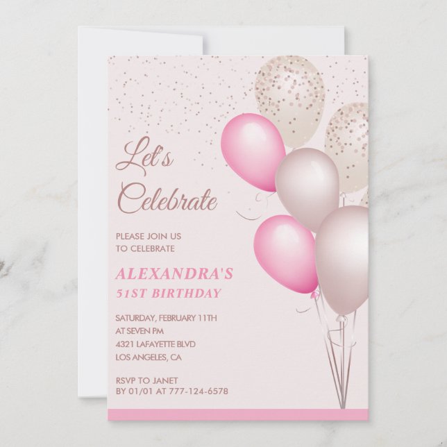 Invitaciones para el 51 cumpleaños con globos Conf (Anverso)