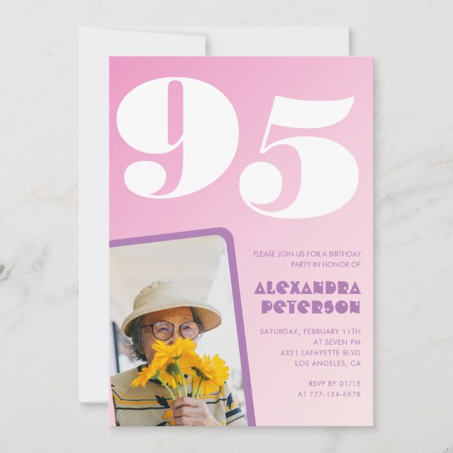 Invitaciones para el 95 cumpleaños Rosado Retro Ph (Anverso)