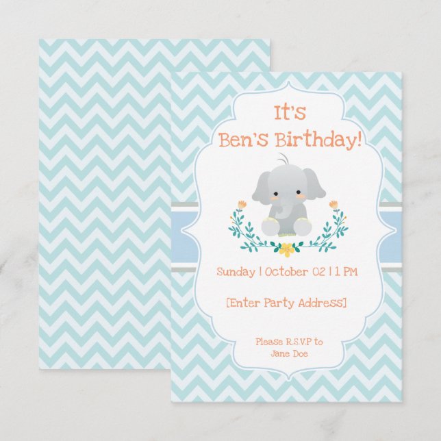 Invitaciones para el cumpleaños del bebé elefante (Anverso / Reverso)