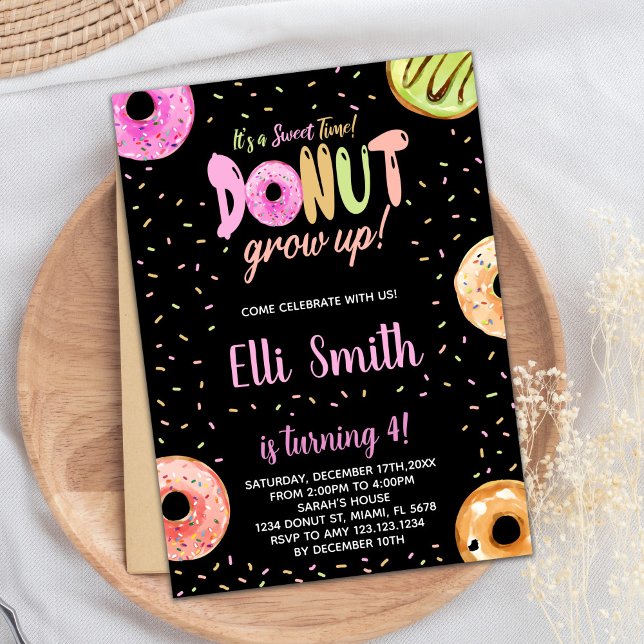 Invitaciones para el cumpleaños del Donut Negro Pa (Pastel Pink Black Donut Birthday Invitations)