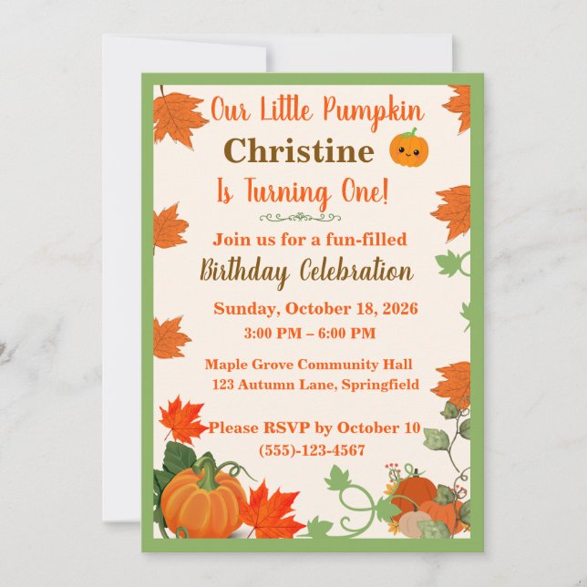 Invitaciones para el Primer Cumpleaños de Calabaci (Anverso)