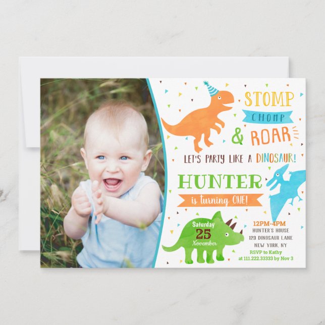 Invitaciones para el primer cumpleaños de dinosaur (Anverso)