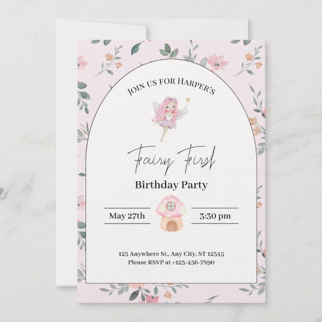 invitaciones para el primer cumpleaños de fairy (Anverso)