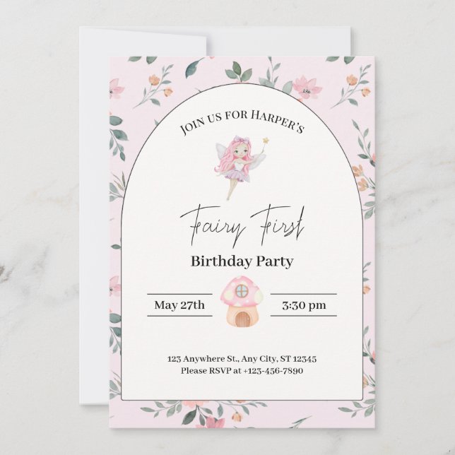 invitaciones para el primer cumpleaños de fairy (Anverso)