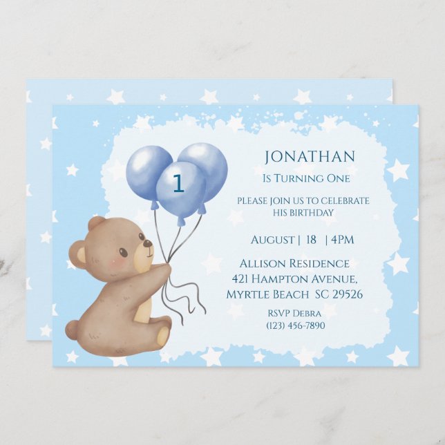 Invitaciones para el primer cumpleaños del oso de  (Anverso / Reverso)