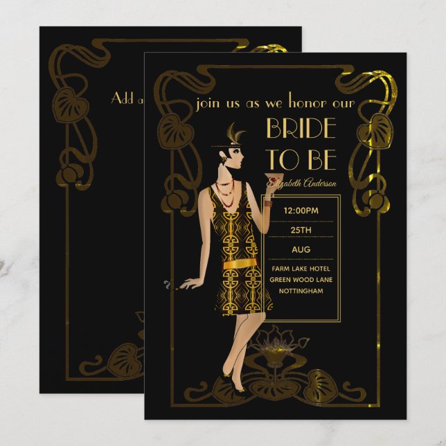 Invitaciones para el tema del Glitzy Black Gold Br (Anverso / Reverso)