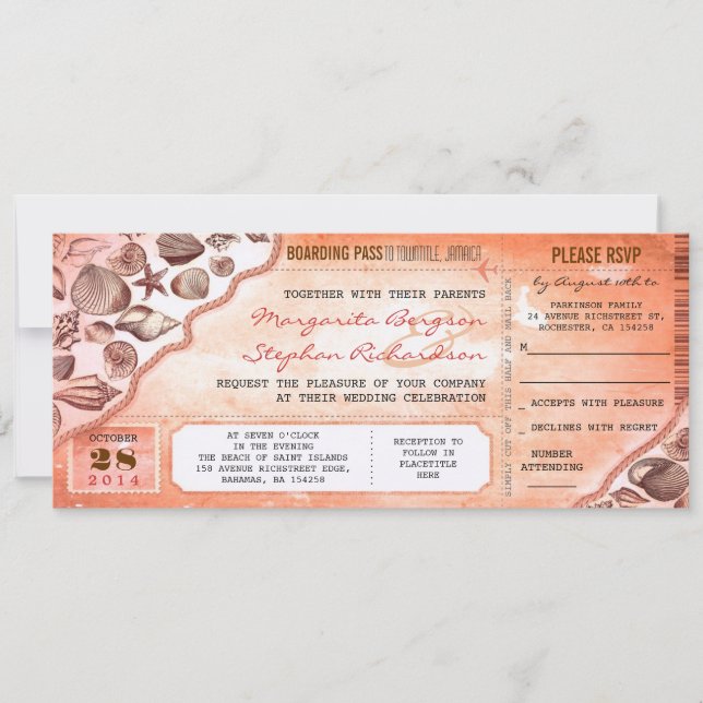 invitaciones para entradas de bodas de destino de  (Anverso)