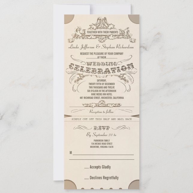 Invitaciones para entradas tipográficas bodas con  (Anverso)