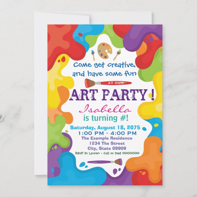 Invitaciones para Fiesta de Arte para Pintar (Anverso)