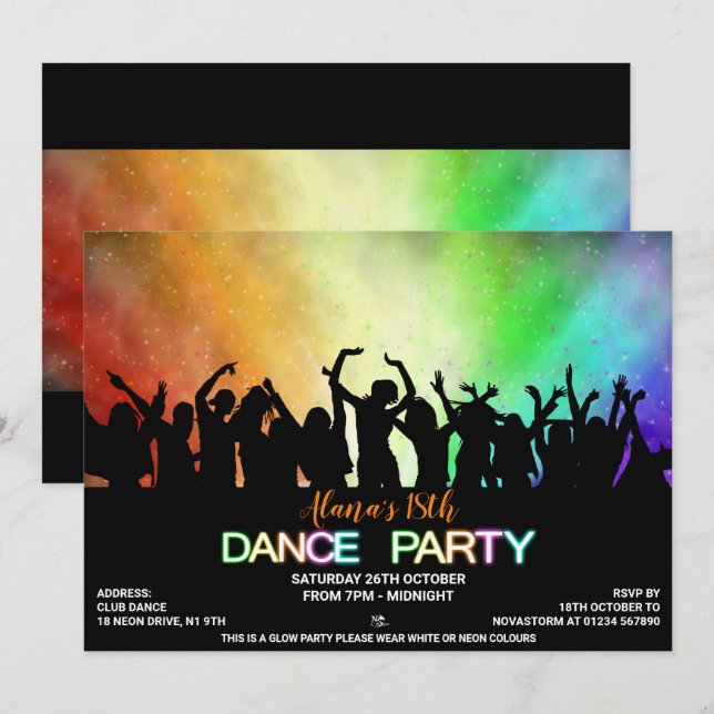 Invitaciones para Fiesta de Baile Resplandor de Ar (Anverso / Reverso)